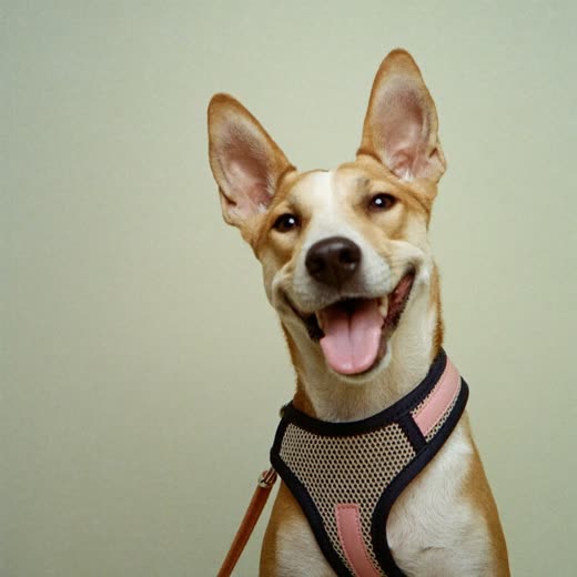 A dog in a walking harness and lead, ready for a walk