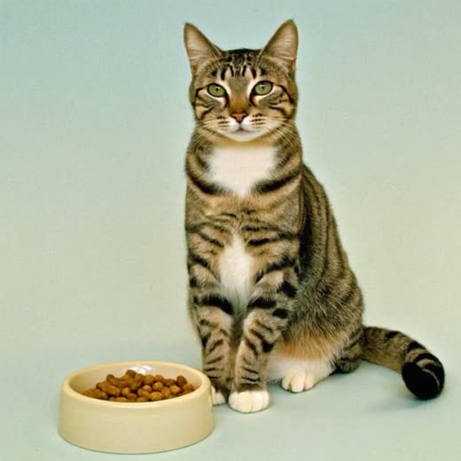 A cat beside a plain feeding bowl